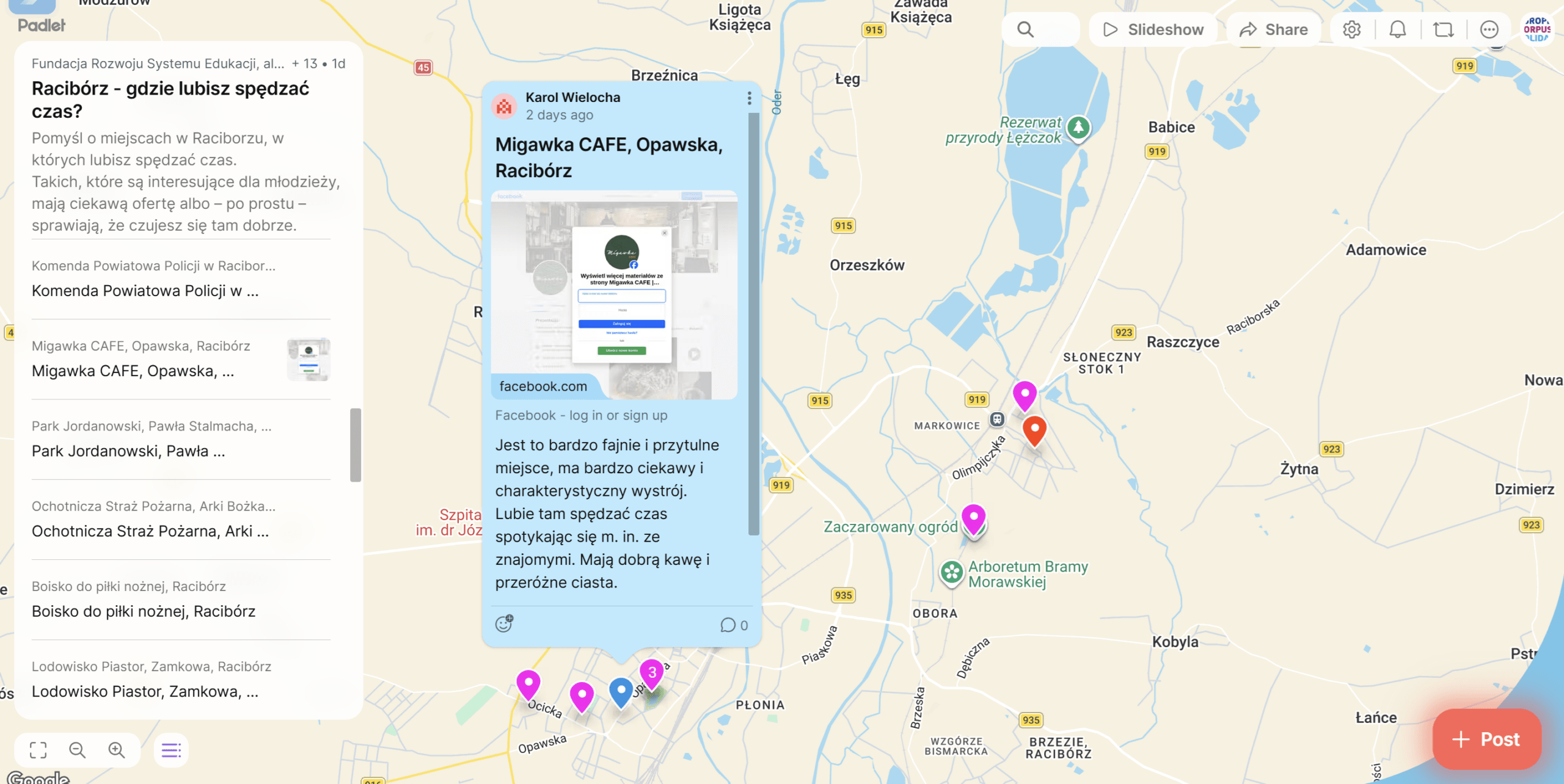 Mapa młodzieżowych miejsc w Raciborzu.